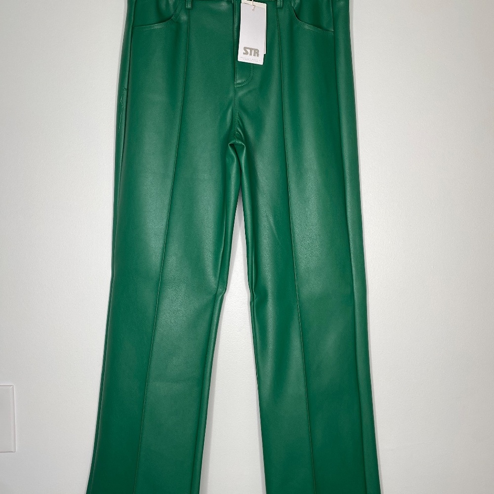 Stradivarius Green Vegan Leather Trouser Straight-Cut Pants